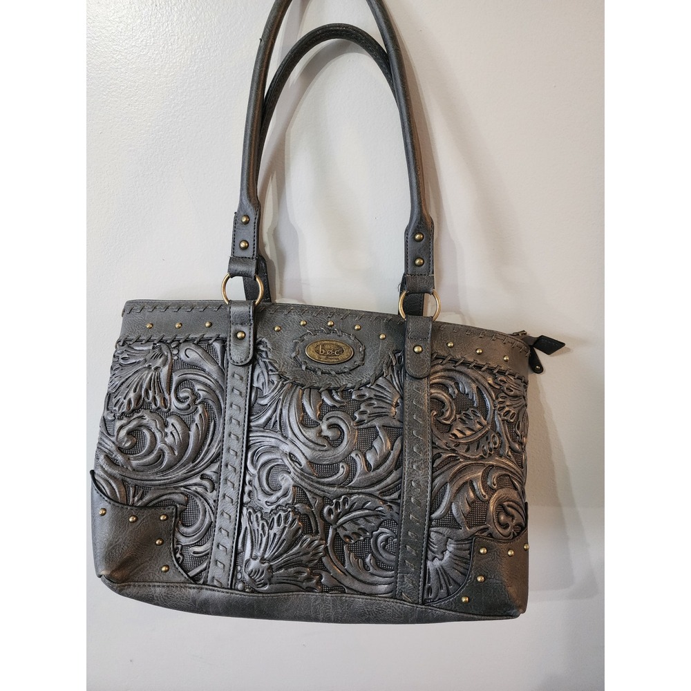 b.o.c. Born Concept Gray Embossed Floral Studded Tote Shoulder Bag Western
